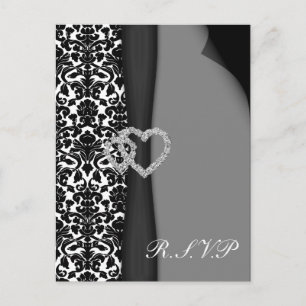 Black and White Damask FAUX ribbon diamante design Invitation Postcard
