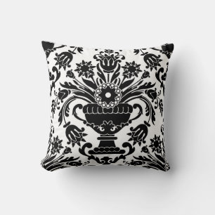 Black and White Damask Floral Pattern Elegant Cushion