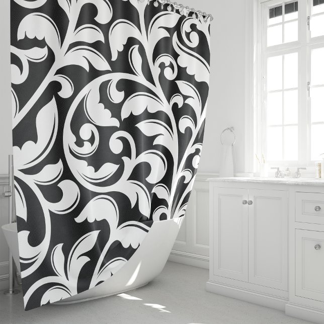 Black and White Damask Floral Vine Shower Curtain (Creator Uploaded)