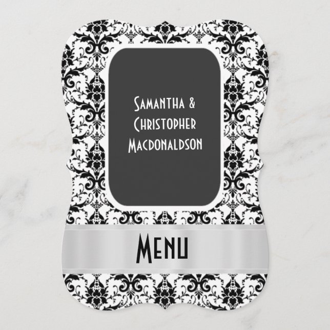 Black and white damask formal wedding menu (Front)