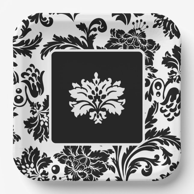 Black and white damask formal wedding paper plate (Front)