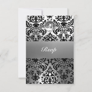 BLACK AND WHITE DAMASK GEM STONE MONOGRAM ANNOUNCEMENT