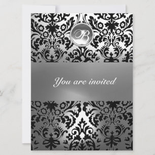 BLACK AND WHITE DAMASK GEM STONE MONOGRAM INVITATION