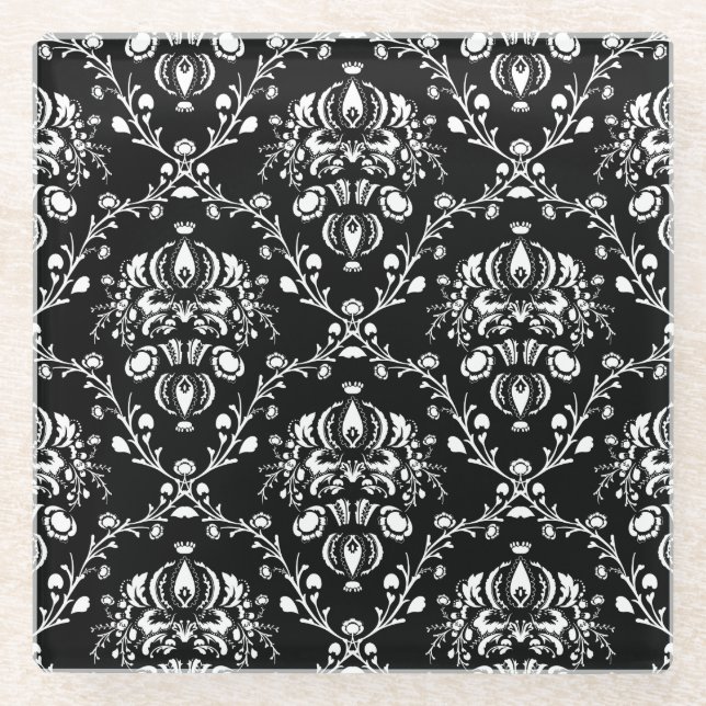 Black and White Damask Glass Coaster (Front)