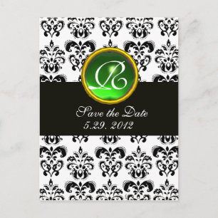 BLACK AND WHITE DAMASK GREEN EMERALD MONOGRAM ANNOUNCEMENT POSTCARD
