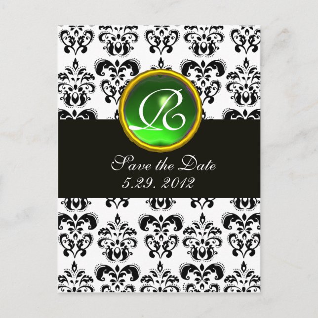 BLACK AND WHITE DAMASK GREEN EMERALD MONOGRAM ANNOUNCEMENT POSTCARD (Front)