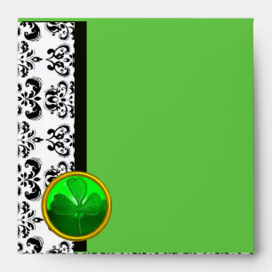 BLACK AND WHITE DAMASK ,GREEN SHAMROCK ENVELOPE