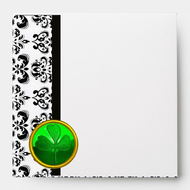 BLACK AND WHITE DAMASK ,GREEN SHAMROCK ENVELOPE (Front)