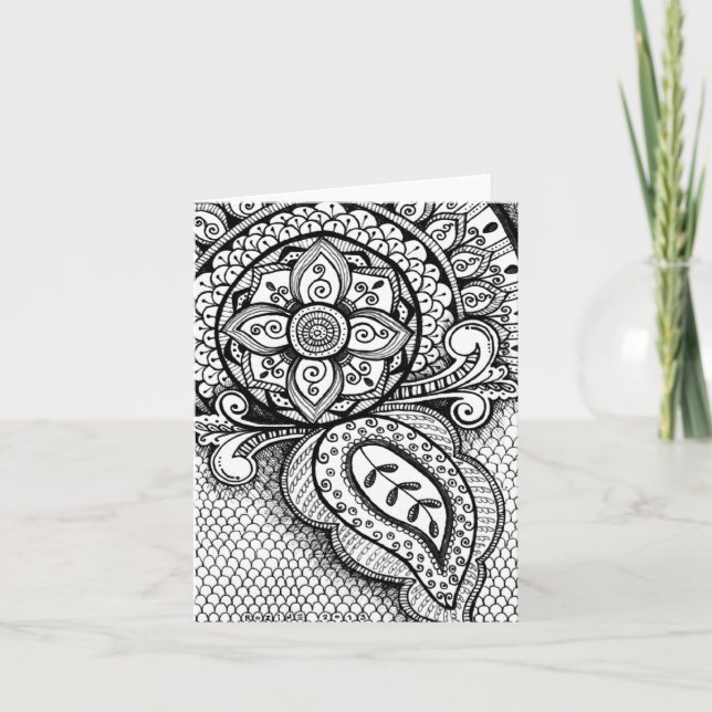 Black and White Damask Indian Mandala Thank You Card (Front)
