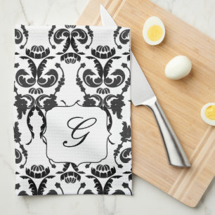 Black and White Damask Initial Kitchen Towel
