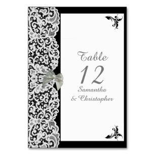 Black and white damask lace wedding table number