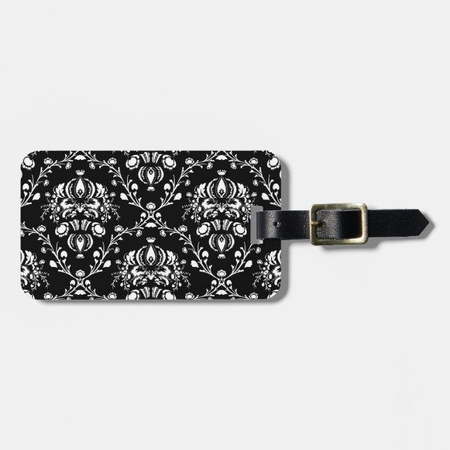 Black and White Damask Luggage Tag (Front Horizontal)