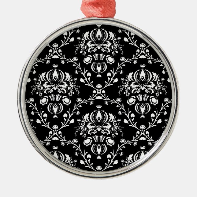 Black and White Damask Metal Tree Decoration (Front)