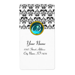 BLACK AND WHITE DAMASK MONOGRAM, blue aquamarine