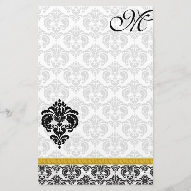 Black and White Damask Monogram Gold Ribbon Stationery (Front)