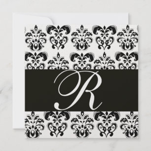 BLACK AND WHITE DAMASK MONOGRAM Ice metallic Invitation