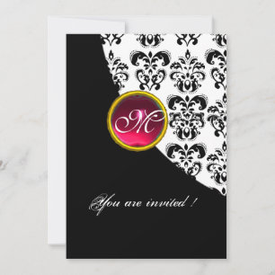BLACK AND WHITE DAMASK MONOGRAM,red ruby,fuchsia Invitation