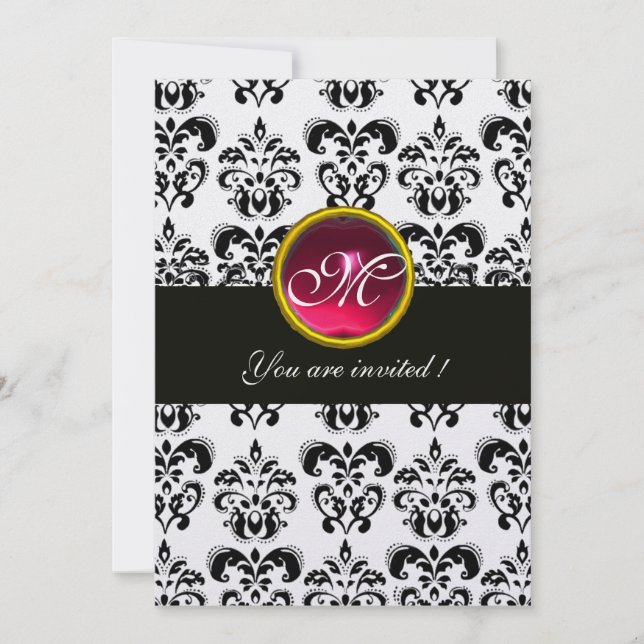 BLACK AND WHITE DAMASK MONOGRAM,red ruby,fuchsia Invitation (Front)