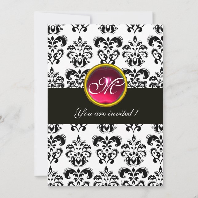 BLACK AND WHITE DAMASK MONOGRAM,red ruby ,fuchsia Invitation (Front)