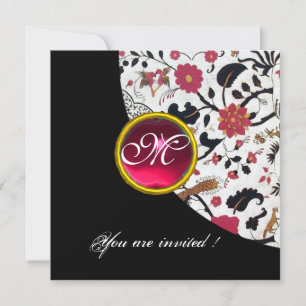 BLACK AND WHITE DAMASK MONOGRAM,red ruby, Invitation