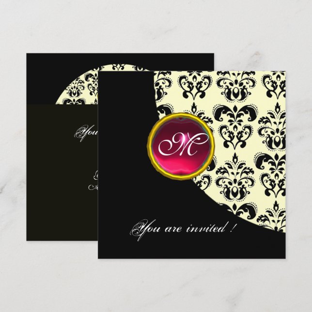 BLACK AND WHITE DAMASK MONOGRAM,red ruby,silver Invitation (Front/Back)