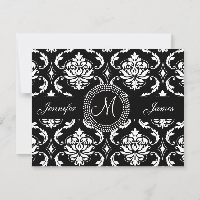 Black and White Damask Monogram RSVP Card (Front)