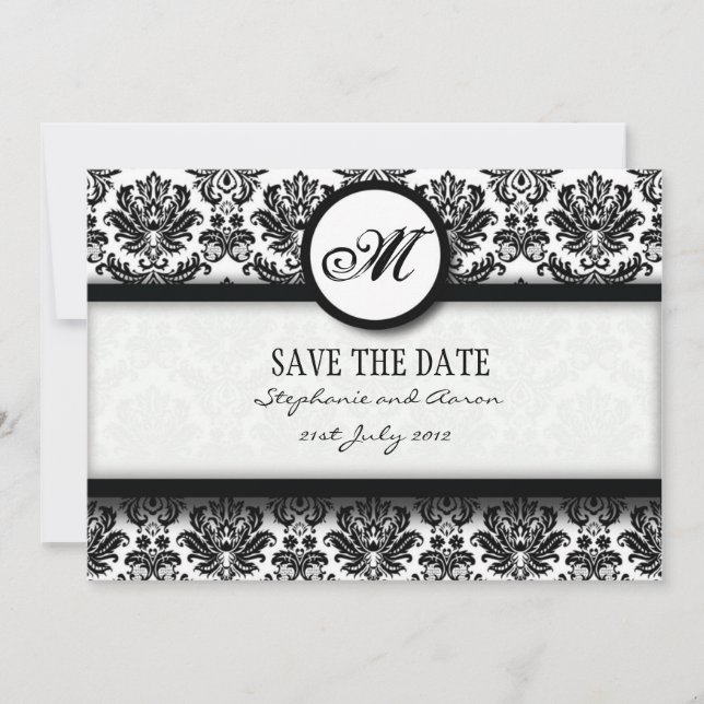Black and White Damask Monogram Save The Date Card (Front)