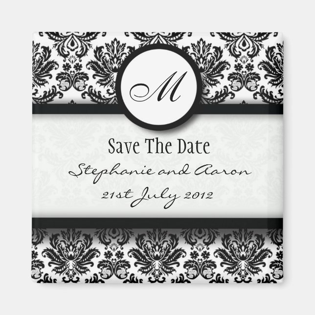 Black and White Damask Monogram Save The Date Magnet (Front)
