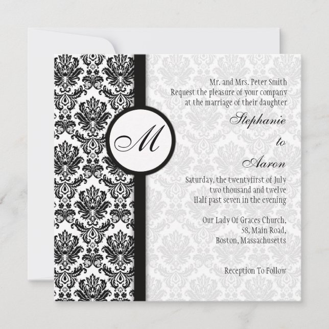 Black and White Damask Monogram Wedding Invitation (Front)