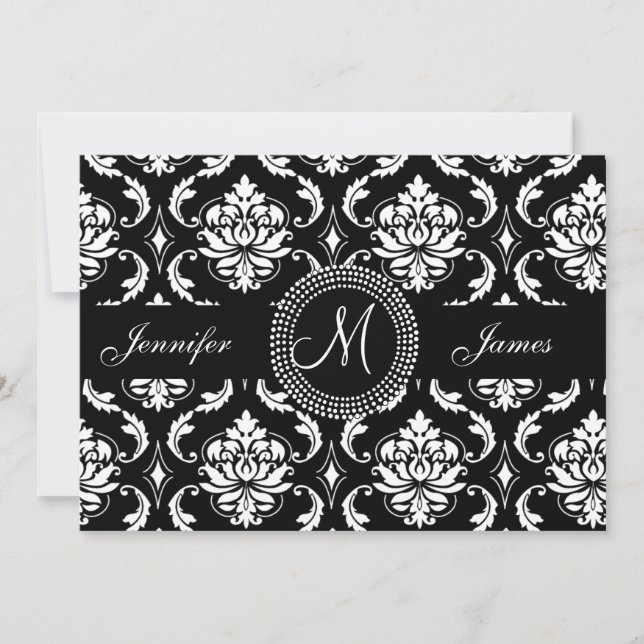Black and White Damask Monogram Wedding Invitation (Front)