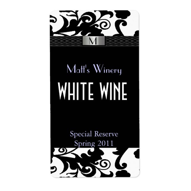 Black and White Damask Monogram Wedding Labels (Front)