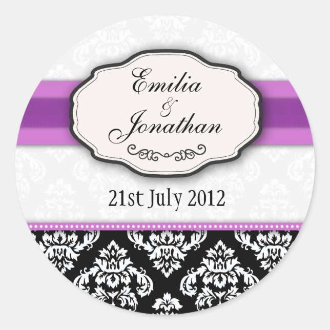 Black and White Damask Monogram Wedding Sticker (Front)