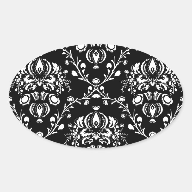 Black and White Damask Oval Sticker (Front)