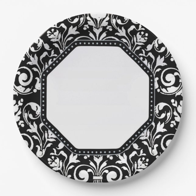 Black and White Damask Paper Plate (Front)