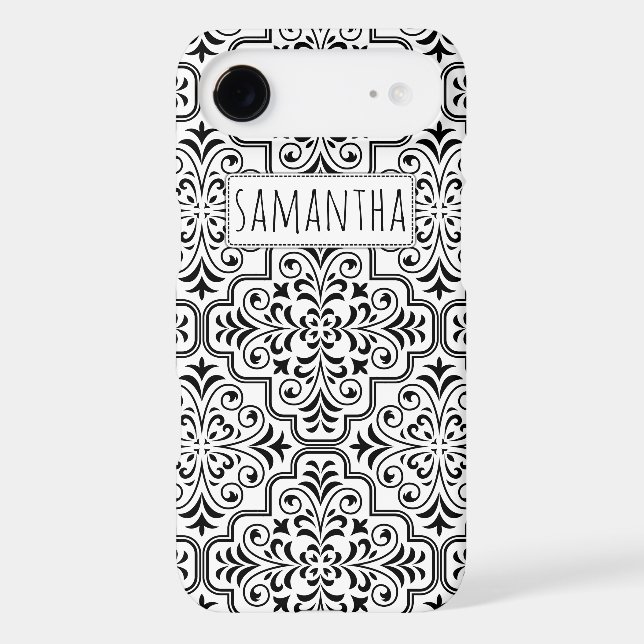 Black and white damask pattern and name Case-Mate iPhone case (Back)