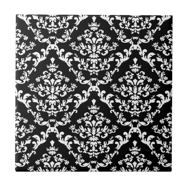 Black and White Damask Pattern Ceramic Tile (Front)
