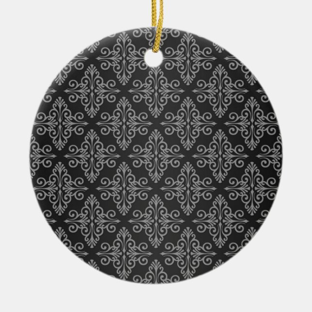 Black and White Damask Pattern Ceramic Tree Decoration (Front)