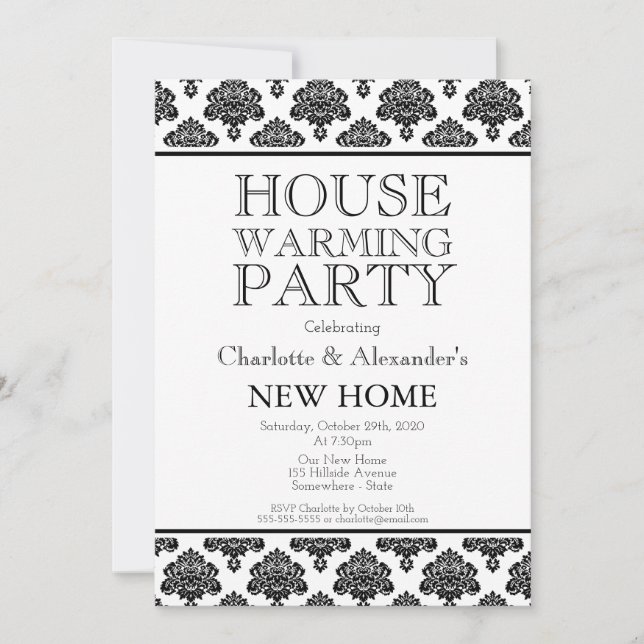 Black and White Damask Pattern Housewarming Party Announcement (Front)