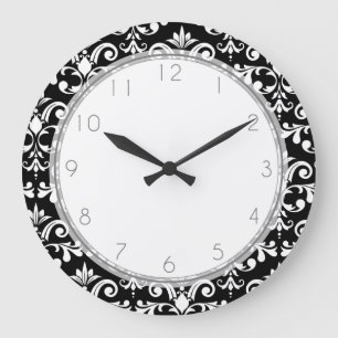 Black and White Damask Pattern Large Clock