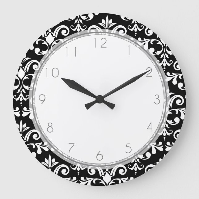 Black and White Damask Pattern Large Clock (Front)