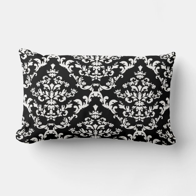 Black and White Damask Pattern Lumbar Cushion (Front)