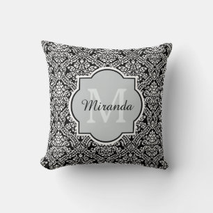 Black and White Damask Pattern Monogram and Name Cushion