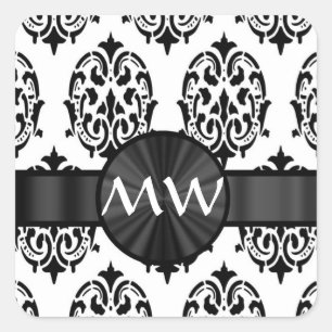 Black and white damask pattern square sticker