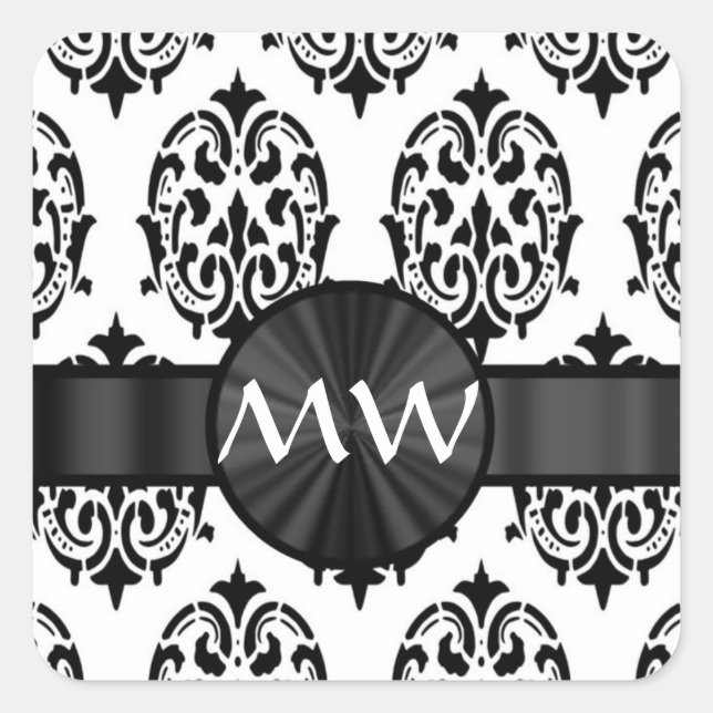 Black and white damask pattern square sticker (Front)