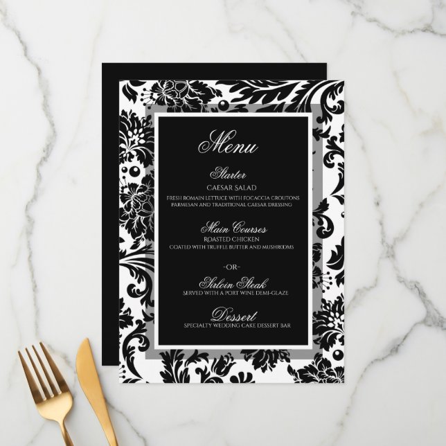 Black and white damask pattern wedding flat menu (Front/Back In Situ)