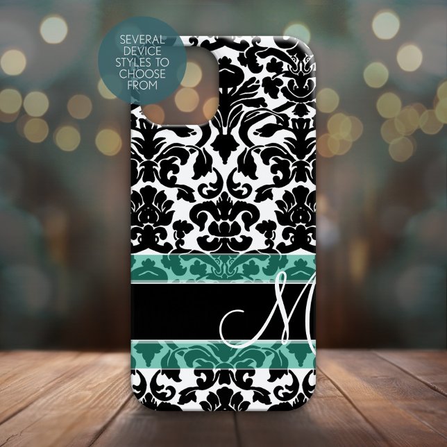 Black and White Damask Pattern with Monogram Case-Mate iPhone Case (Personalized Phone Case - Many Device Styles to Choose From)