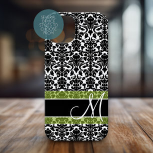 Black and White Damask Pattern with Monogram iPhone 16 Pro Case