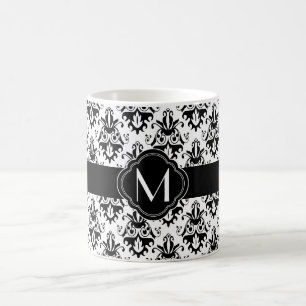 Black and White Damask Pattern with Monogram Coffee Mug