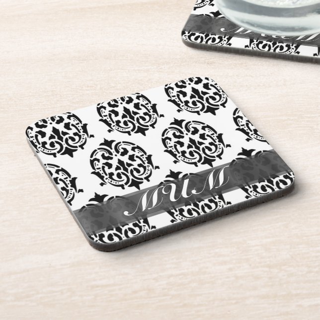 Black and white damask personalised mum coaster (Left Side)