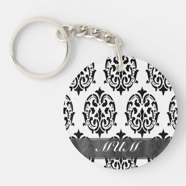 Black and white damask personalised mum key ring (Front)